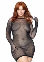 plus rhinestone fishnet gloved mini dress z rękawiczkami, czarna xl/2xl