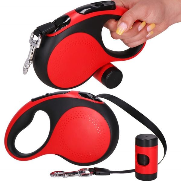 Smycz dla psa taśmowa, automatyczna z pojemnikiem na worki, L - do 50 kg dł. 5 m czarno-czerwona zdjęcie 4