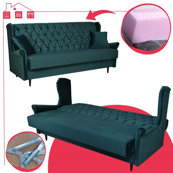 Sofa USZAK zielona 3osobowa rozkładana WELUROWA wersalka GAJA Family Meble zdjęcie 15