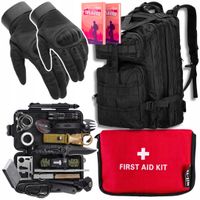 SURVIVAL SET PLECAK SPORTOWY RĘKAWICE CZARNE L CZERWONA APTECZKA