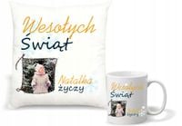 Zestaw PODUSZKA i KUBEK nadruk PREZENT na święta ze zdjęciem z imieniem