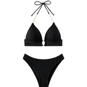 Damski Strój Kąpielowy Dwuczęściowy Bikini Sznurowane Czarne M łańcuszek