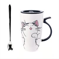 Kubek Ceramiczny Z Pokrywką - KOTEK - Idealny Na Prezent Biały Kotek Spiący 600ml