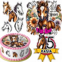 ZESTAW OPŁATEK NA TORT 20CM + 16 POSTACI - KOŃ HOBBY HORSE + IMIĘ 15CM 18CM