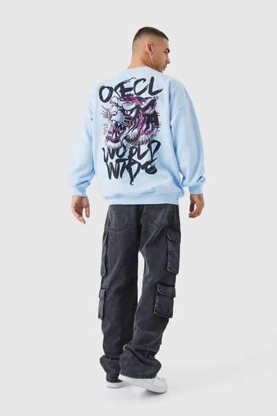 BLUZA NIEBIESKA DŁUGI RĘKAW DRESOWA KLASYCZNA PRINT TYŁ BOOHOOMAN L zdjęcie 3