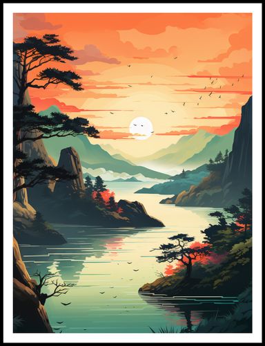 Plakat 75x100cm Zachodzące Słońce nad Spokojnym Jeziorem na Arena.pl