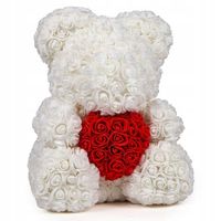 KREMOWY MIŚ Z RÓŻ Z CZERWONYM SERCEM - 40 CM BOX PREZENTOWY ZE WSTĄŻKĄ