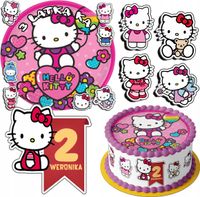 ZESTAW OPŁATEK NA TORT 30CM + 17 POSTACI - KOTEK HELLO + IMIĘ 24CM 26CM