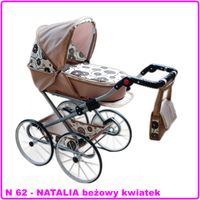 Wózek dla lalek głęboko-spacerowy NATALIA RETRO N62 beżowe kwiaty