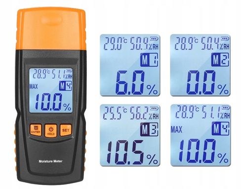 WILGOTNOŚCIOMIERZ MIERNIK WILGOTNOŚCI DO DREWNA 4 GRUPY POMIARU 9V+ BATERIE na Arena.pl