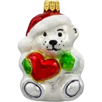 Bombka choinkowa szklana: Miś polarny z sercem i czapką Mikołaja: zielony