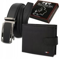 Zestaw prezentowy męski skórzany pasek portfel czarny pudełko Beltimore