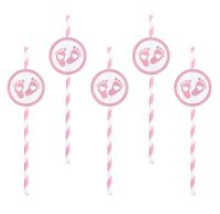 Słomki papierowe różowe stópki baby shower roczek dziewczynki 6 szt.