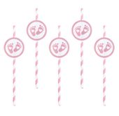 Słomki papierowe różowe stópki baby shower roczek dziewczynki 6 szt.