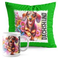 ZESTAW KUBEK + PODUSZKA ZIELONA - PIES RASA JAMNIK DACHSHUND HOT DOG