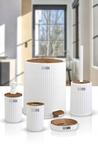 Zestaw łazienkowy 5 elementów Coliseum komplet do WC biały drewno kosz glam na Arena.pl