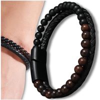 Bransoletka męska z naturalnej skóry i kamiennych koralików