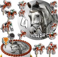 ZESTAW OPŁATEK NA TORT 20CM + TOPPERY PAPIEROWE - KONIE KOŃ HOBBY 15CM 18CM