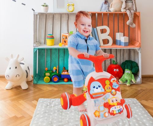 Chodzik Pchacz Stolik Edukacyjny Panel Koszyk 5W1 - Czerwony na Arena.pl