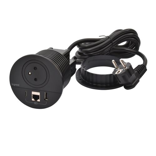 Gniazdo meblowe DISQ 80 wyposażone 2P+Z/USB A+C/RJ45 z przewodem 2m - CZARNY Legrand 654702 na Arena.pl