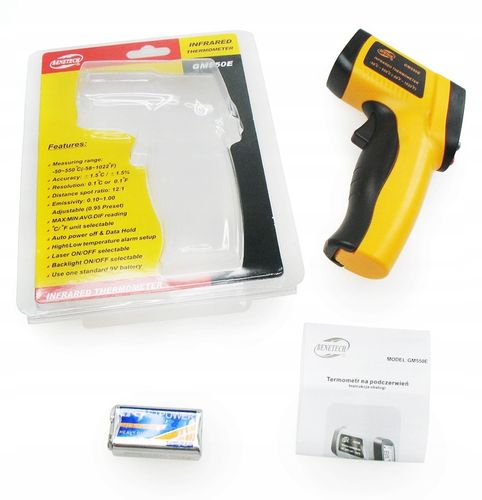 PIROMETR TERMOMETR LASEROWY BEZDOTYKOWY NA PODCZERWIEŃ EMISYJNOŚĆ -50+550°C na Arena.pl
