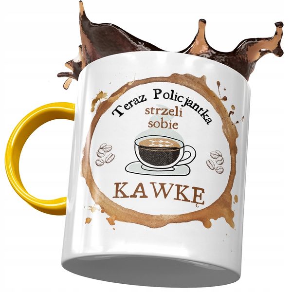 Kubek Żółty Dla Policjantki Strzeli Sobie Kawkę Z Nadrukiem Ze Zdjęciem zdjęcie 1