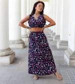 Granatowy komplet w kwiaty z topem i spódnicą Genova L/XL
