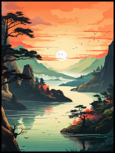 Plakat 75x100cm Zachodzące Słońce nad Spokojnym Jeziorem na Arena.pl