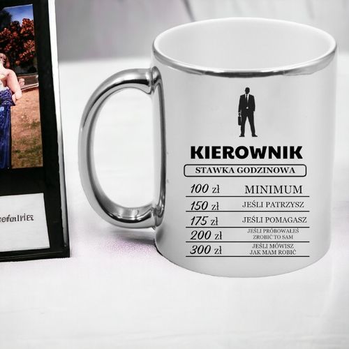 KUBEK SREBRNY PREMIUM DLA KIEROWNIKA CENNIK GODZINOWY ŚMIESZNY PREZENT na Arena.pl