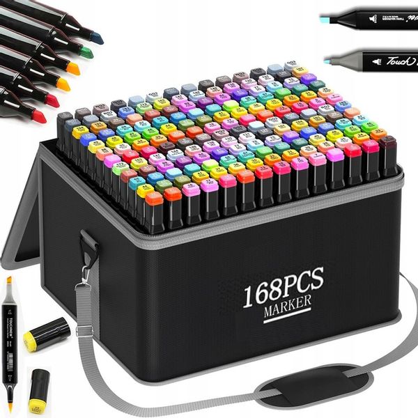 MARKERY ALKOHOLOWE 168szt. FLAMASTRY MAZAKI DWUSTRONNE PRO ZESTAW + TORBA zdjęcie 1