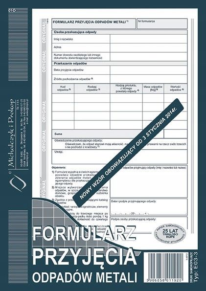 FORMULARZ PRZYJĘCIA ODPADÓW METALI E03-3 zdjęcie 1