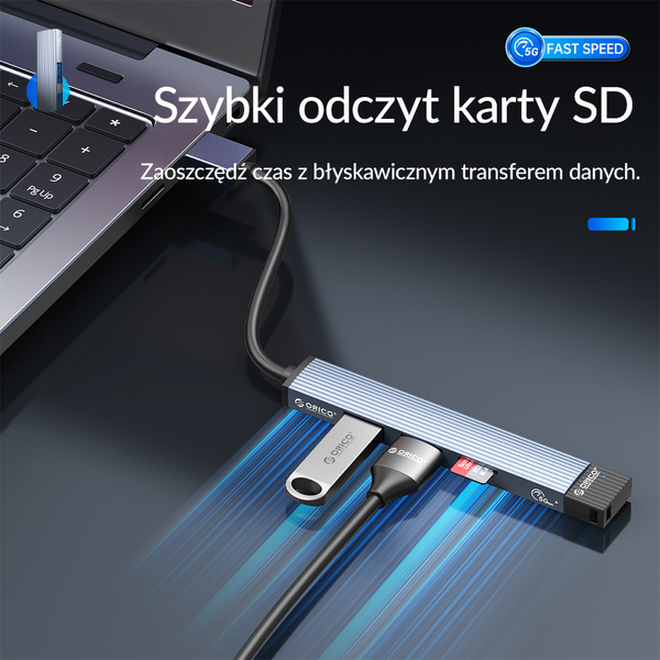 Orico Hub USB-A 5Gbps 3*USB-A, microSD, alu zdjęcie 5