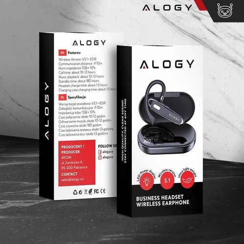 SŁUCHAWKA BLUETOOTH 5.1 ALOGY BEZPRZEWODOWY ZESTAW SŁUCHAWKOWY 12H ROZMÓW na Arena.pl