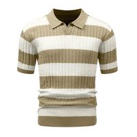 Koszulka Polo Męska w Paski Dzianinowa Beżowa Retro Vintage Casual XL