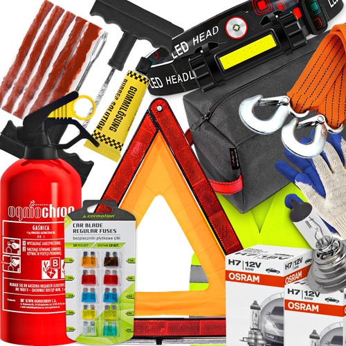 Gaśnica Trójkąt  Bezpieczniki Osram H7 Sznurki Do Naprawy Opon Latarka Czoł na Arena.pl