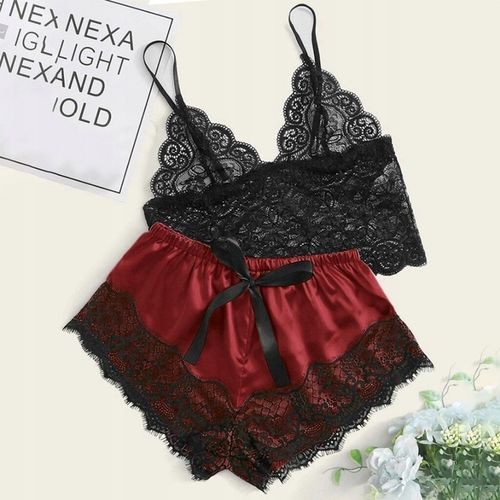 SATYNOWY KOMPLET SEXY BIELIZNA PIŻAMA TOP KOSZULKA NOCNA KORONKA SPODENKI na Arena.pl