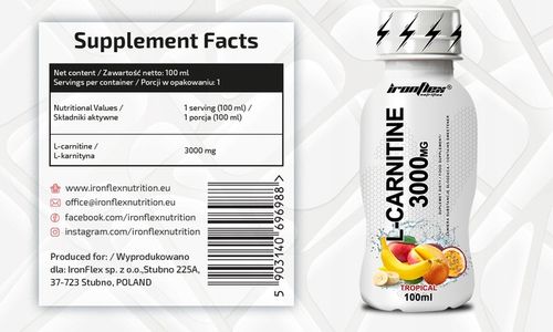 IRONFLEX L-KARNITYNA 3000mg SHOT 24x100ml MOCNY SPALACZ TŁUSZCZU METABOLIZM na Arena.pl