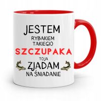 Kubek Czerwony Wędkarza Rybaka Zjadam Na Śniadanie Z Nadrukiem Ze Zdjęciem
