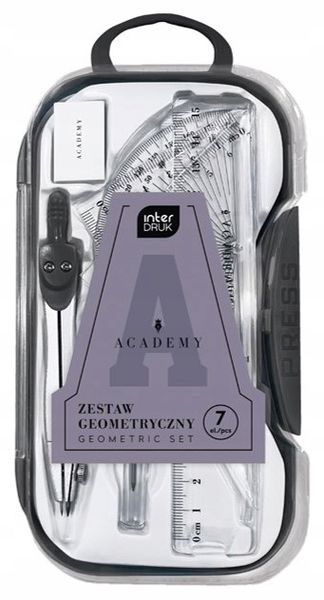 Zestaw Geometryczny 7 elementów CYRKIEL, LINIJKA, EKIERKI, RYSIKI Interdruk zdjęcie 1