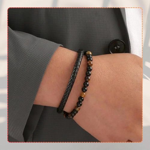 Męska bransoletka skórzana z naturalnymi kamieniami koraliki na Arena.pl