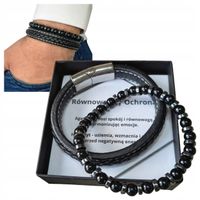 BRANSOLETKA MĘSKA OCHRONA RÓWNOWAGA HEMATYT AGAT + SKÓRA NATURALNA PREZENT