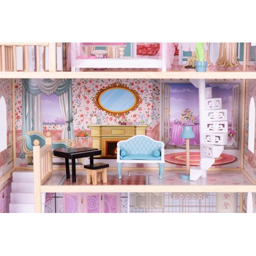 DOMEK DLA LALEK 3 POZIOMOWY ZESTAW 11 DREWNIANYCH MEBELKÓW na Arena.pl