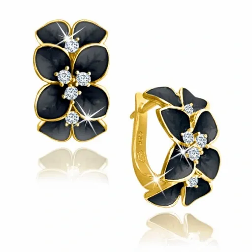 ZLOTE KOLCZYKI DLA KOBIETY KWIATY CZARNE, KOLCZYKI SREBRO PRÓBA 925 zdjęcie 6