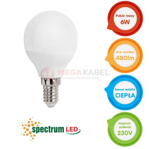 Żarówka LED kulka E14 230V 6W ciepła WW WOJ13022 SPECTRUM na Arena.pl