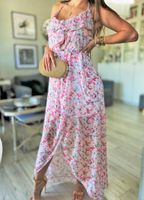 Sukienka maxi w kwiaty biała z rozcięciem na ramiączkach FLOWERS PINK