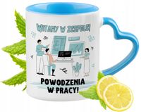 Powitanie W Pracy Kubek Błękitny Z Uszkiem W Kształcie Serca Na Prezent