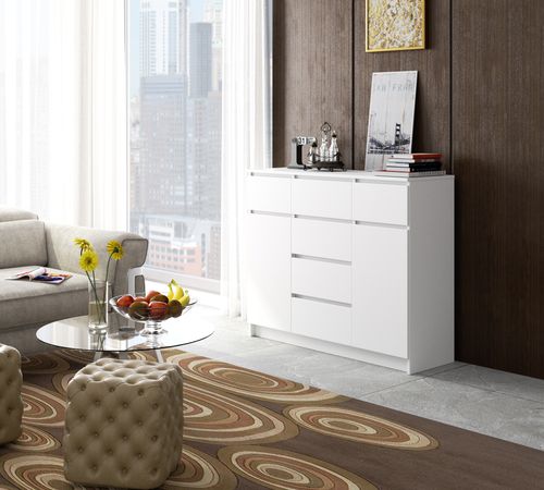 Komoda do salonu 120 cm K017 - Biała - 2 drzwi 6 szuflad na Arena.pl