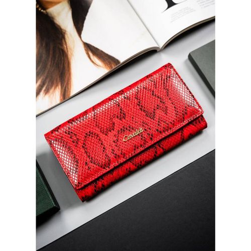 czerwony portfel damski na zatrzask z wężowym wzorem - cavaldi na Arena.pl