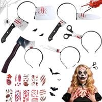 Zestaw na Halloween Opaski Tasak Nóż Tatuaże Rany Blizny 35 Elementów