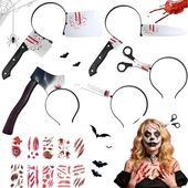 Zestaw na Halloween Opaski Tasak Nóż Tatuaże Rany Blizny 35 Elementów